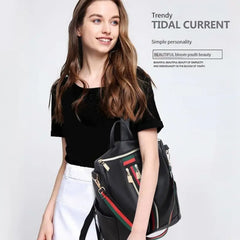 Large Capacity Backpack With Three Diagonal Stripes, Soft PU Backpack, Travel Bag, Handbag